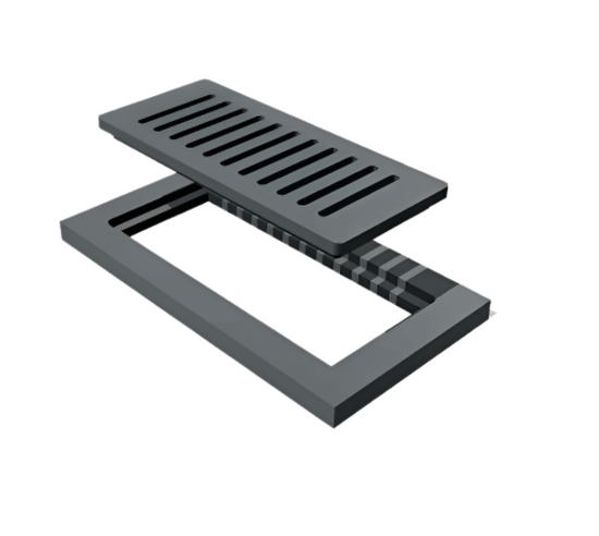 A gray vent cover made from flooring material with slits for ventilation.