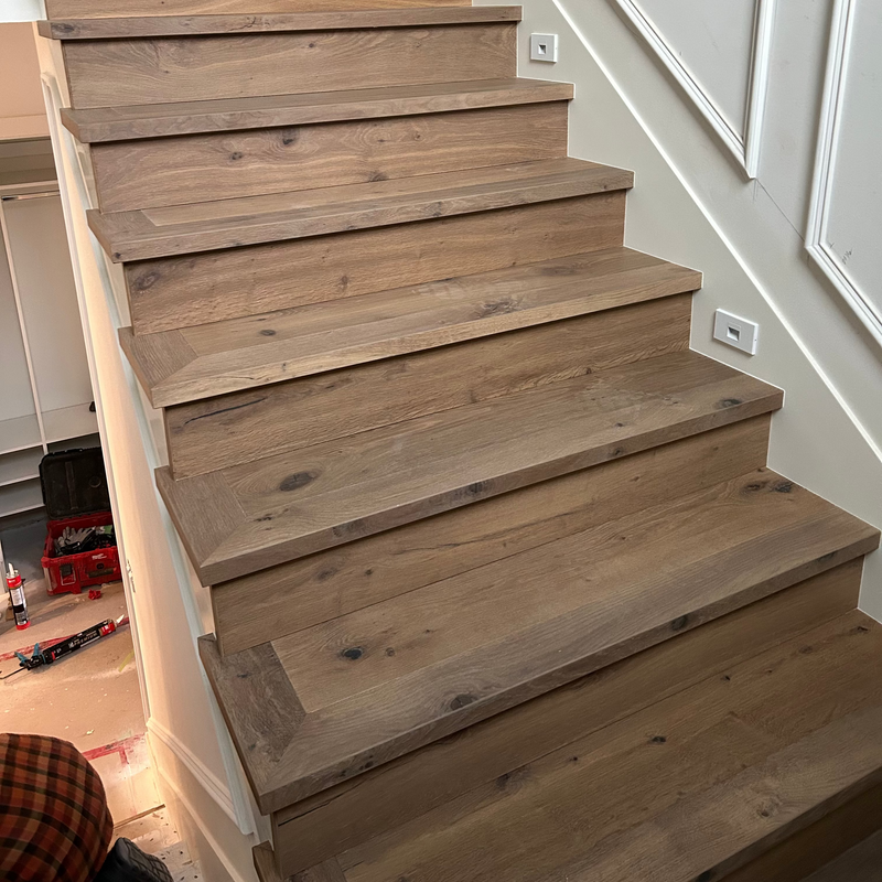 FABRICATED NOSINGS (10001) FROM ENGINEERED PRODUCT

INSTALLER DID MITRE CORNERS AND HORN BUILD

INSTALLED BY WOODPECKER FLOORING